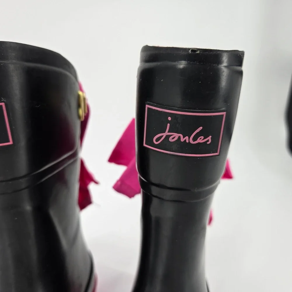 Joules Bow Welly Girls Rain Boots Black Pink Ribbon Waterproof Size US 9 NWT